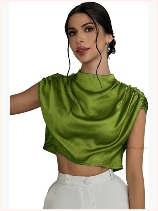 Tops - Satin Crop Top Mock Neck Blouse Ruched Cap Sleeve Dressy Work Shirt